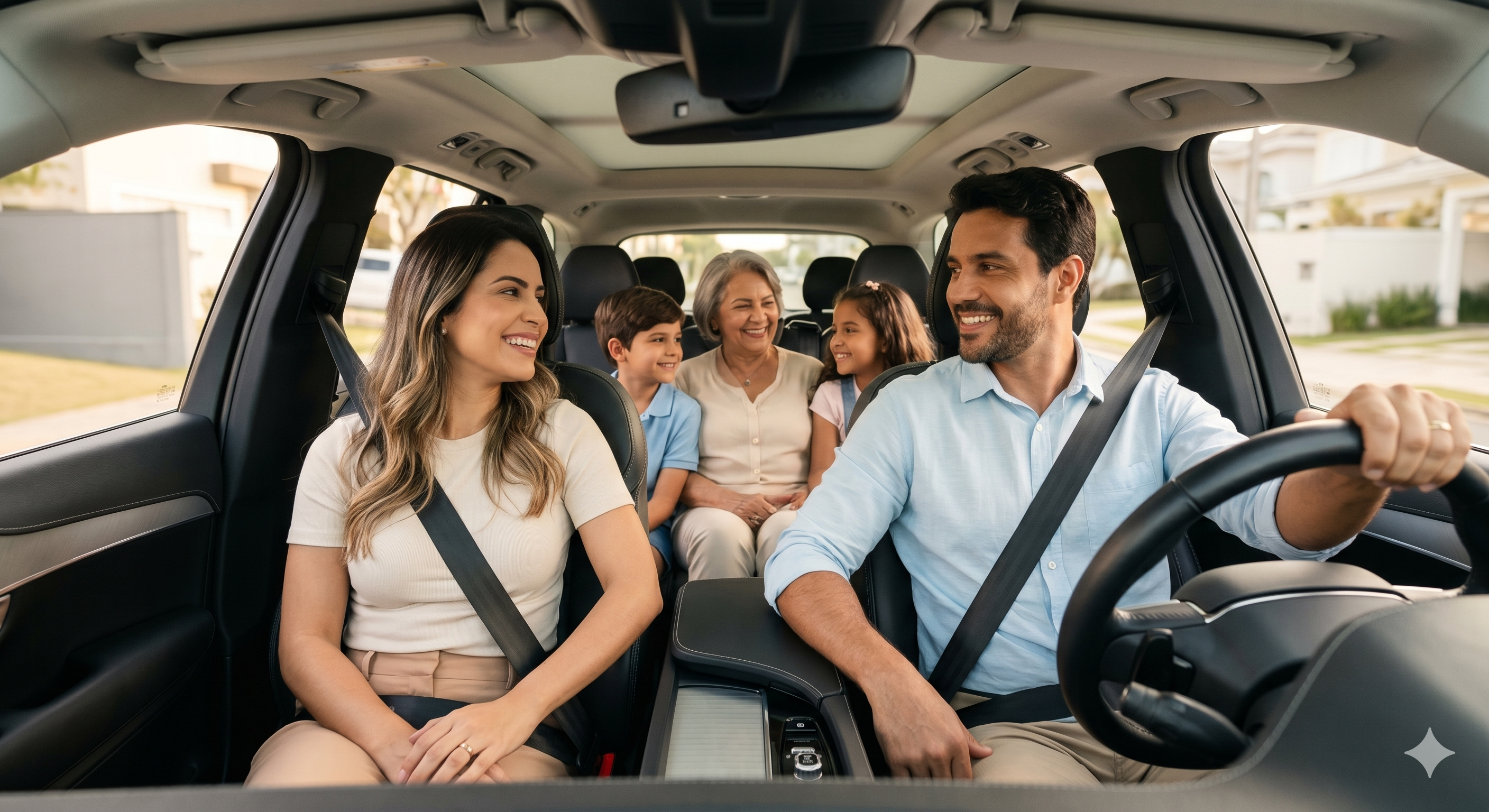 Família tranquila e segura no carro